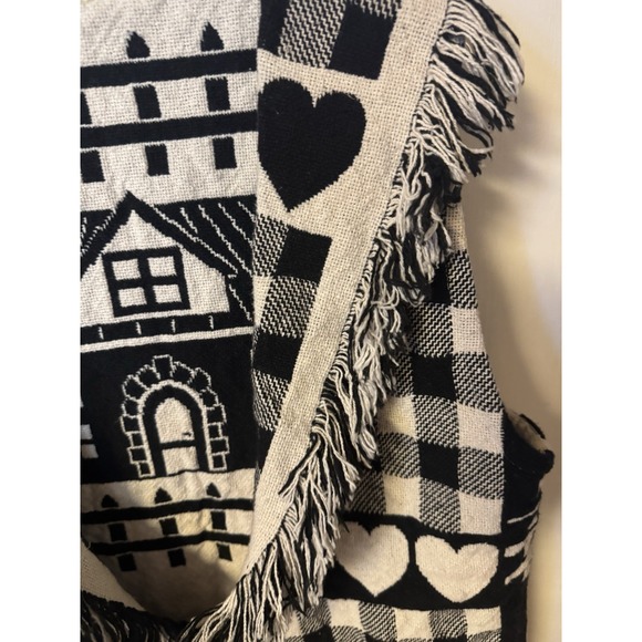 Y2K Folk Farmhouse Woven Checks Sheep Hearts Fringe Open Front Boho Cottagecore - Picture 4 of 15